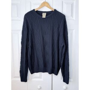 SCANDIA WOODS Men's Blue Cable Knit Cotton Crew Sweater Pullover - LARGE